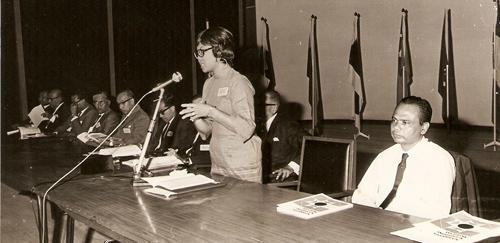 Rafidah, as vice-president of National Cooperatives Organisation of Malaysia (Angkasa) in the early 1970s. Beside her is Tun Ghafar Baba, then minister of agriculture and cooperatives.