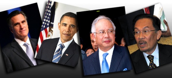 (From left) Mitt Romney, Barack Obama, Najib and Anwar (Romney and Obama pics source: Wiki commons)